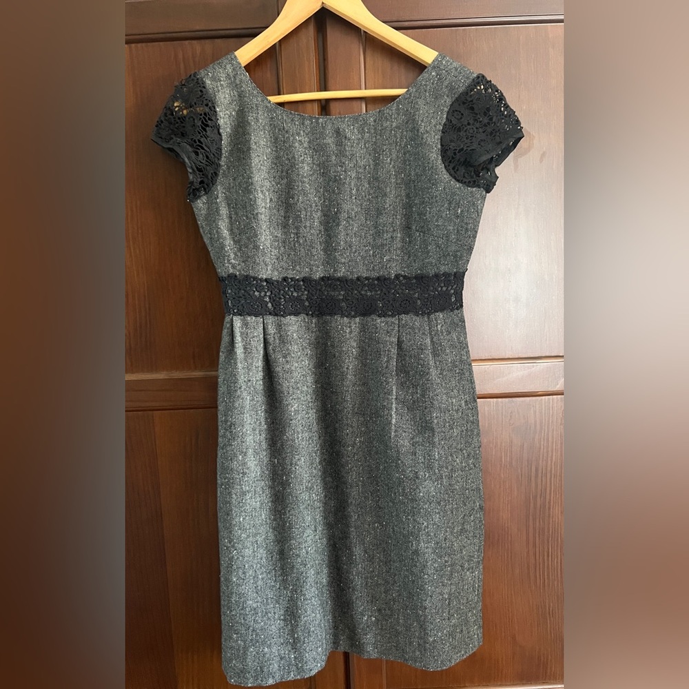 J. Crew Tweed Corpcore Midi Dress Grey with Black Lace Trim Size 2